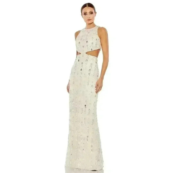 Mac Duggal CutOut Gown Maxi Dress 4 Small S Beaded Back Slit Nude Beige $998 NWT - Picture 2 of 9